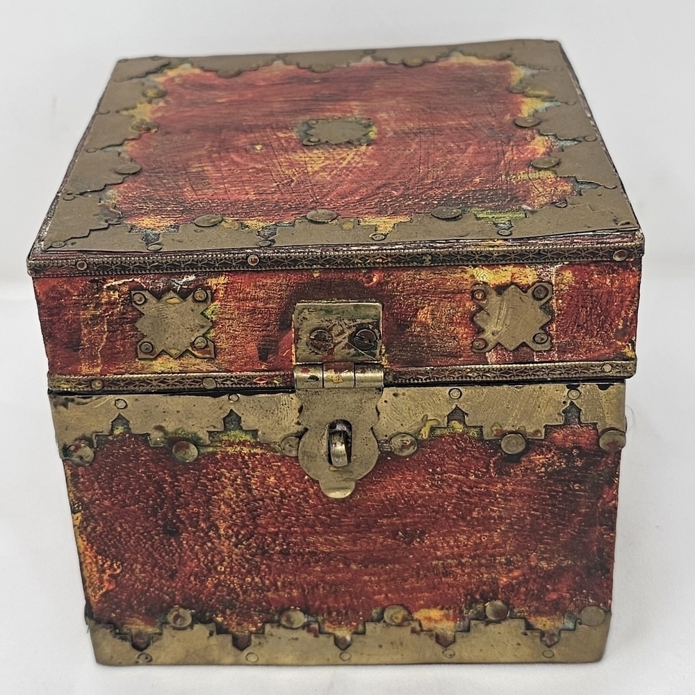 Handmade Pier 1 India Decorative Brass Wood Hinged Trinket Stash Box